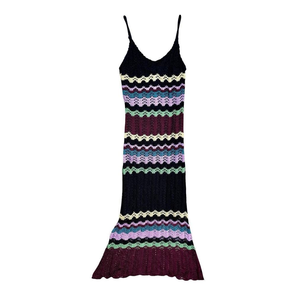 Vintage Y2K Crochet Knit Maxi Dress Boho Festival Striped Fishtail - US 2/4